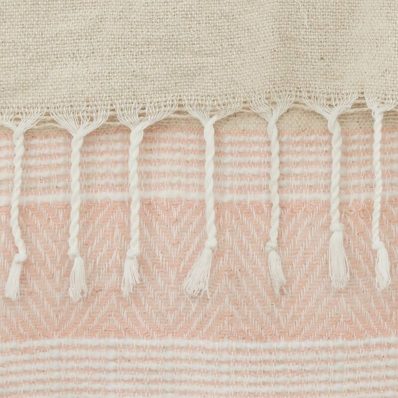 HomeRoots 50" X 60" Beige And Pink Cotton Woven Striped Throw Blanket with Fringe