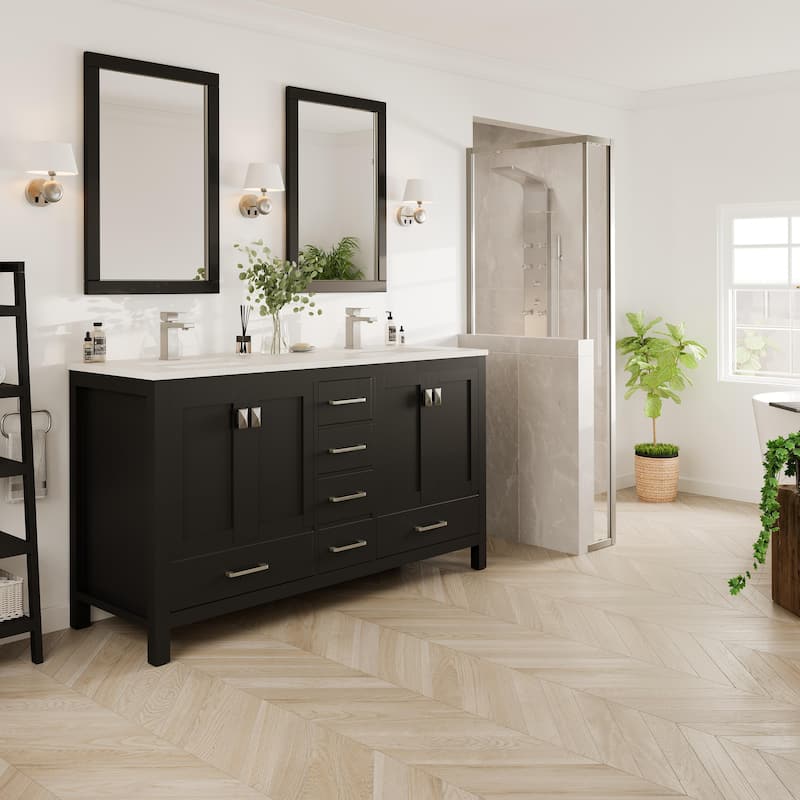 London 60"W Espresso DS Bath Vanity with WH Carrara Quartz Top