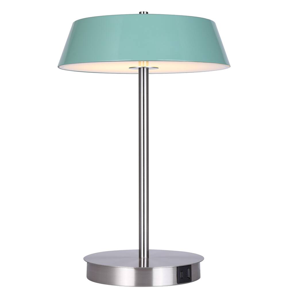 Jessa 14 in. Integrated LED Brushed Nickel Table Lamp with Teal Metal Shade, On/Off Touch, and USB Chargeports
