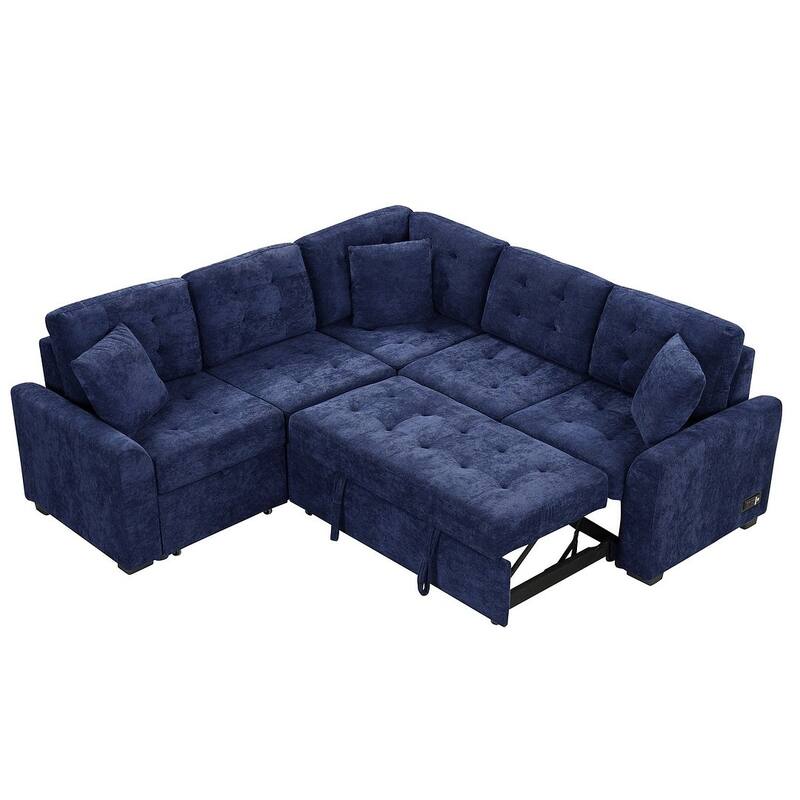 Modular Velvet Pull-out Sleeper Sofa, Living Room Spacious Space L Shaped Corner Sectional Sofa