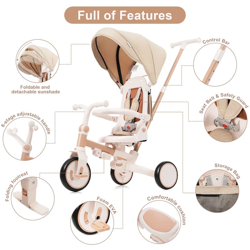 7-in-1 Baby Tricycle for Toddlers Ages 1-6, Foldable Push Trike with Parent Handle, Canopy, Guardrail & Pedals