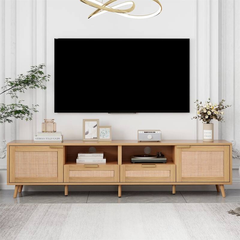 Modern TV Stand with Solid Wood Legs - Natural