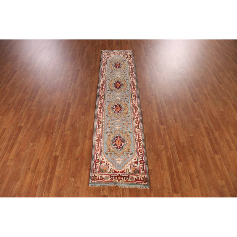 Light Blue Heriz Serapi Style Runner Rug Handmade Wool Carpet - 2'5" x 10'3"