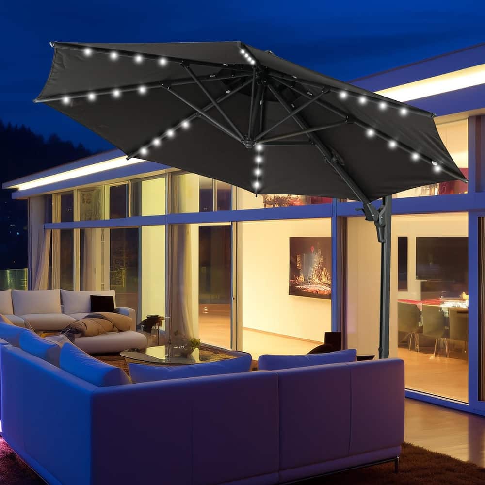 Autlaycil 10FT Cantilever Patio Umbrella with Solar Lights Included Base 360 Rotation Large Offset Hanging Outdoor Shade