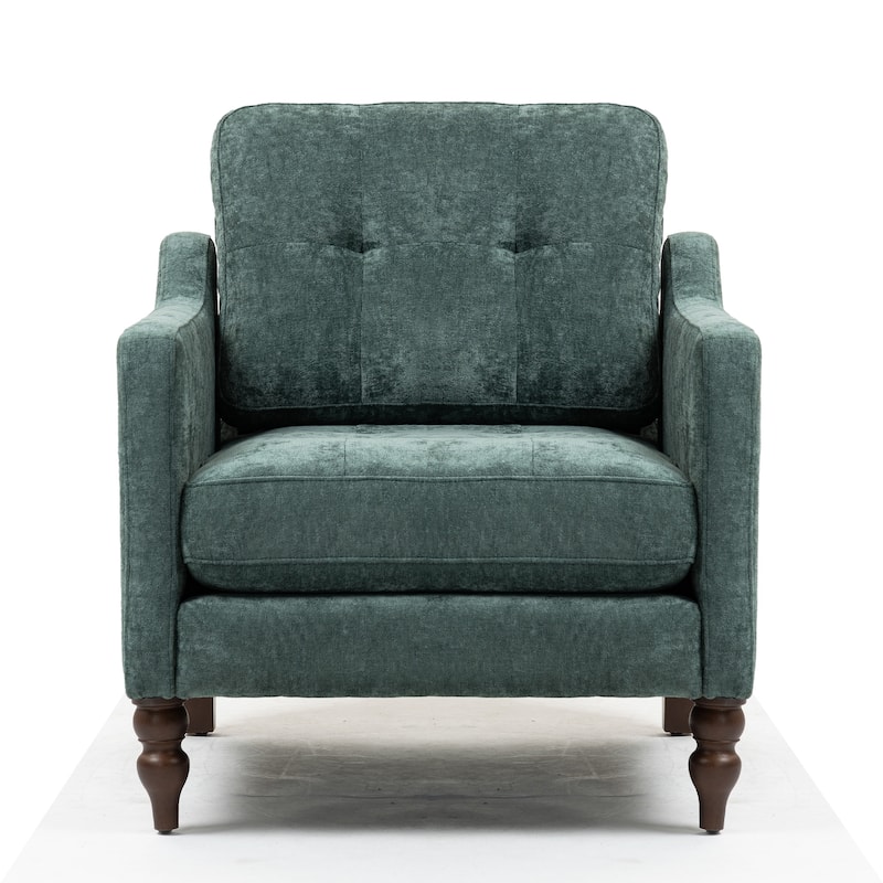 Chenille Accent Chair with USB Port, Ergonomic Upholstered Armchair, Lounge Reading Chair with Side Pocket & Wooden Legs