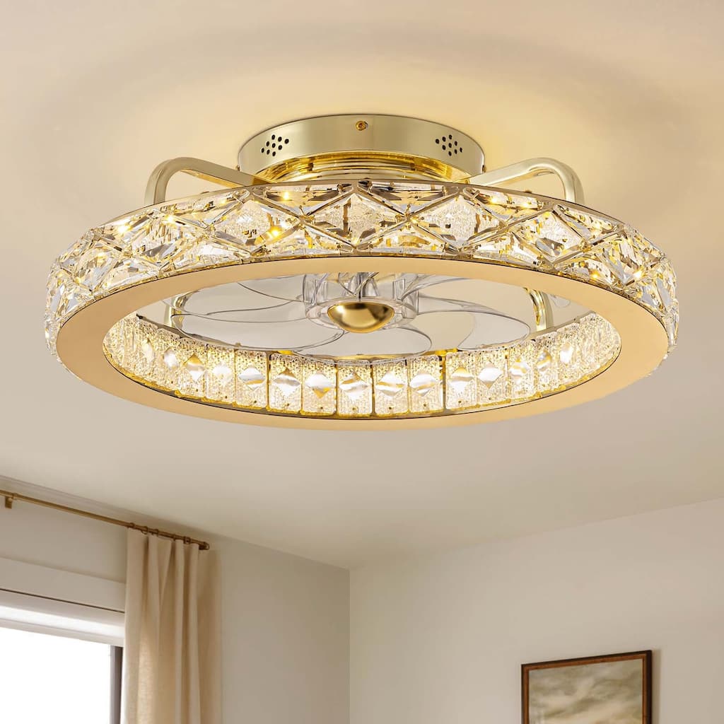 20'' Luxury Gold Crystal Flush Mount Dimmable Ceiling Fans with Light and Remote - 21''