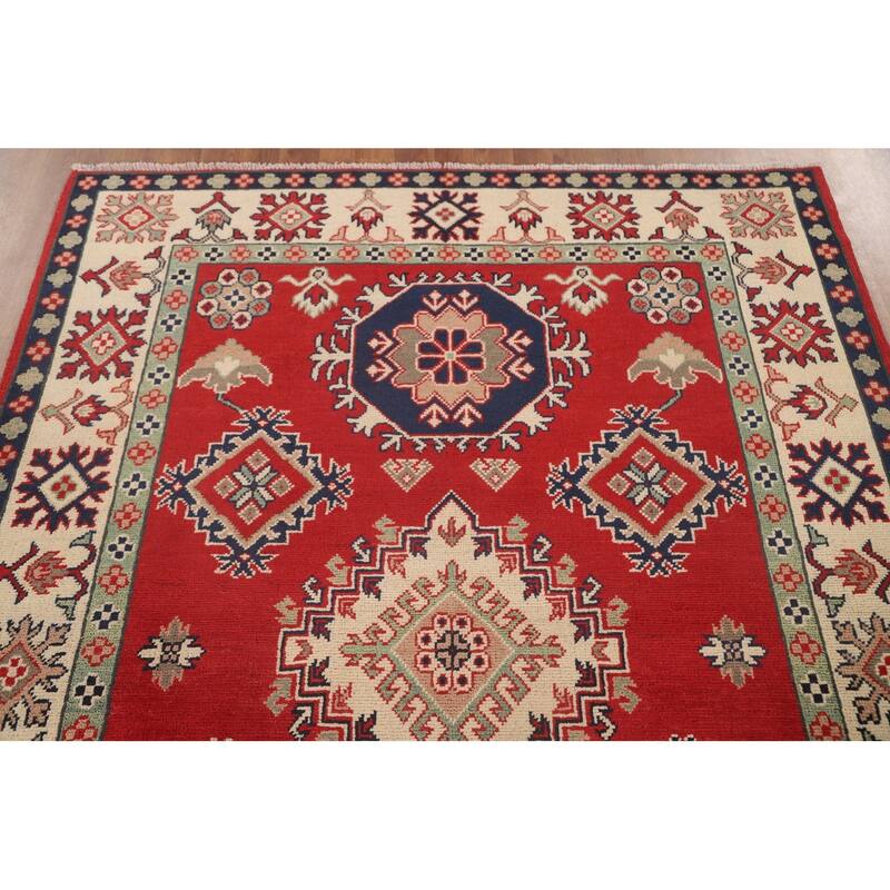 Geometric Kazak Area Rug Handmade Red Wool Carpet - 5'1" x 6'8"