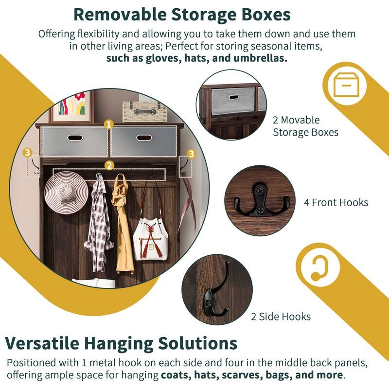 3-in-1 Design Hall Tree with 6 Hooks and Hinged Lid，Entryway Bench with Coat Hanger
