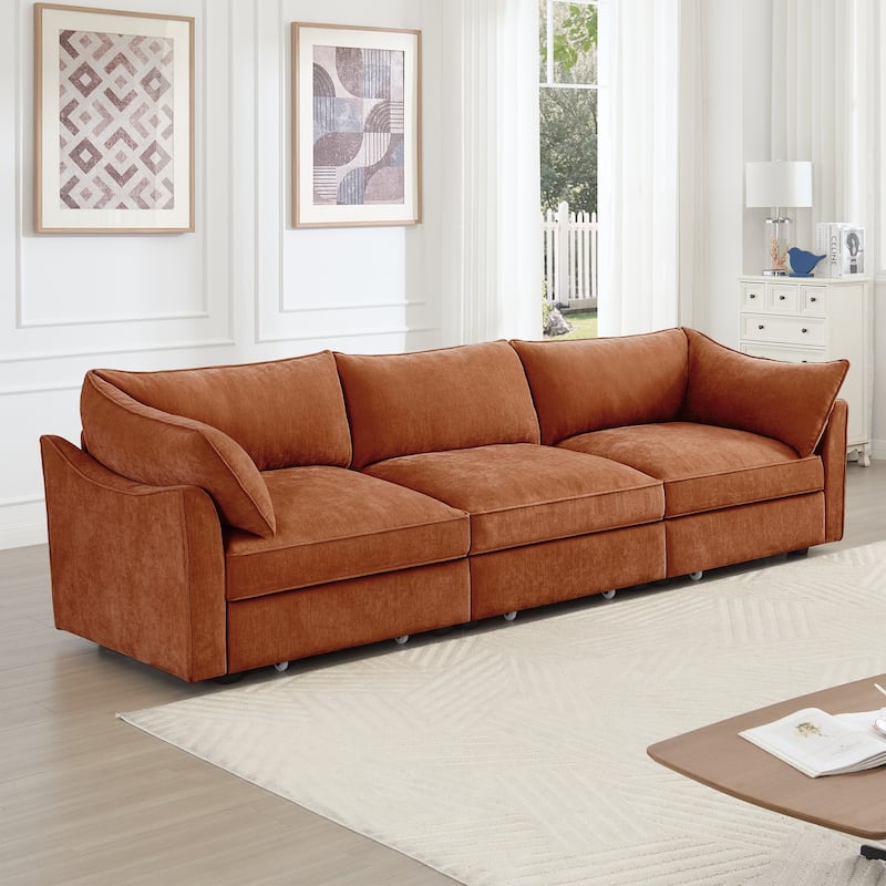 Rossetta 3-Seater Crescent Armrests Sofa with Pull-Out Storage Drawers and Wraparound Cushions in Classic Color Chenille