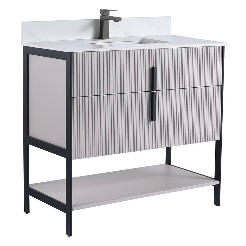 Fine Fixtures Serenity Modern Bathroom Vanity with White Carrara Stone Top - Bright Taupe - Black Hardware - 36 inch
