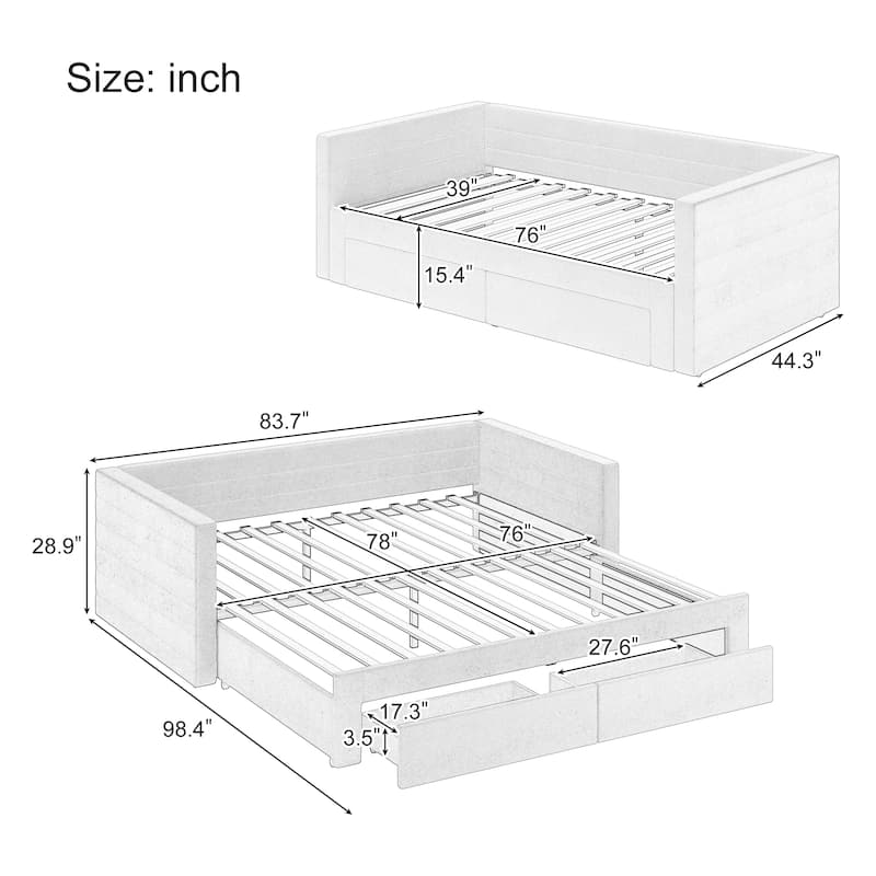 Tufted Upholstered Daybed with Pull-Out Expansion & 2 Hidden Drawers by Harper&Bright Designs