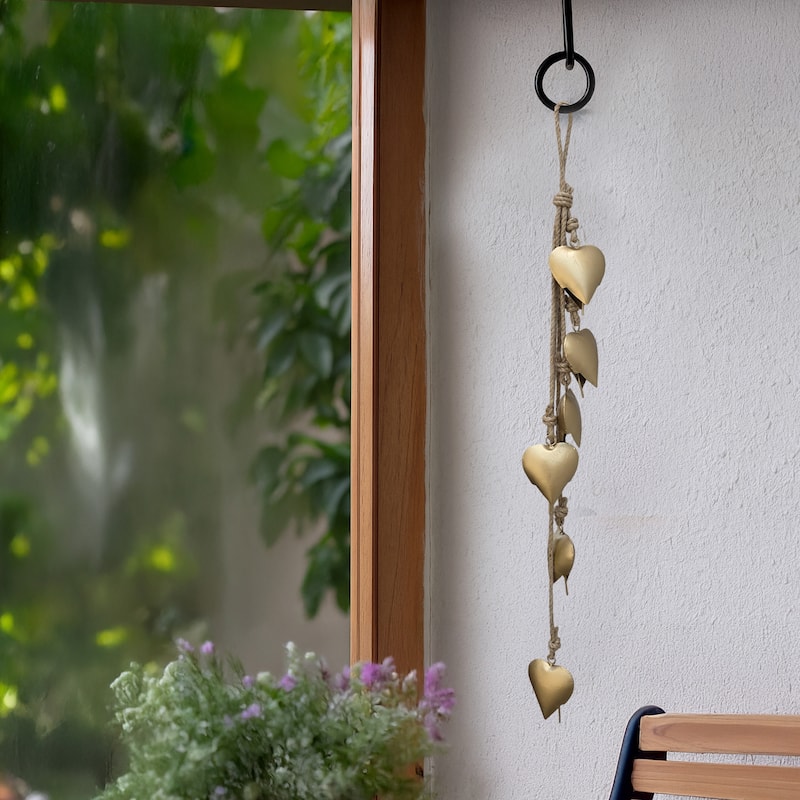 Zema 6 Heart Shape Iron Bells on 35 Inch Jute Hanging Rope, Antique Gold Wall Decor