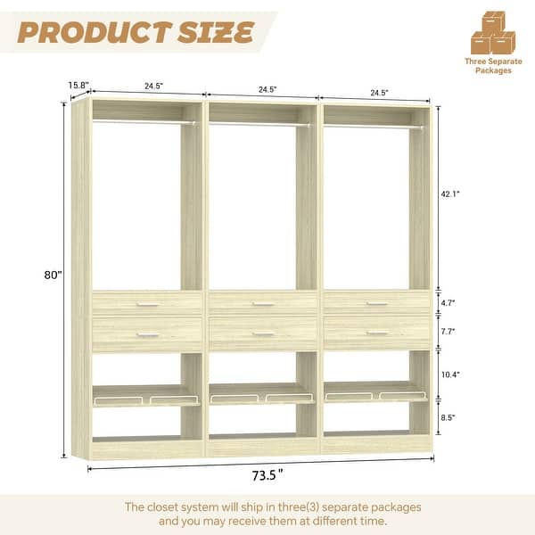 dimension image slide 2 of 8, 25'' W Freestanding Closet System with 2 Wooden Drawers and Adjustable Shoes Rack and Hanging Rod,Walk-in Closet Organizer
