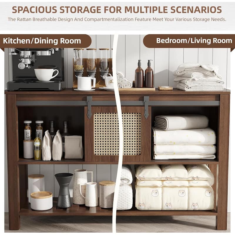AECOJOY Buffet Cabinet, Coffee Bar Storage Cabinet, 46'' Coffee Bar Table with Rattan Sliding Barn Door, Adjustable Shelves