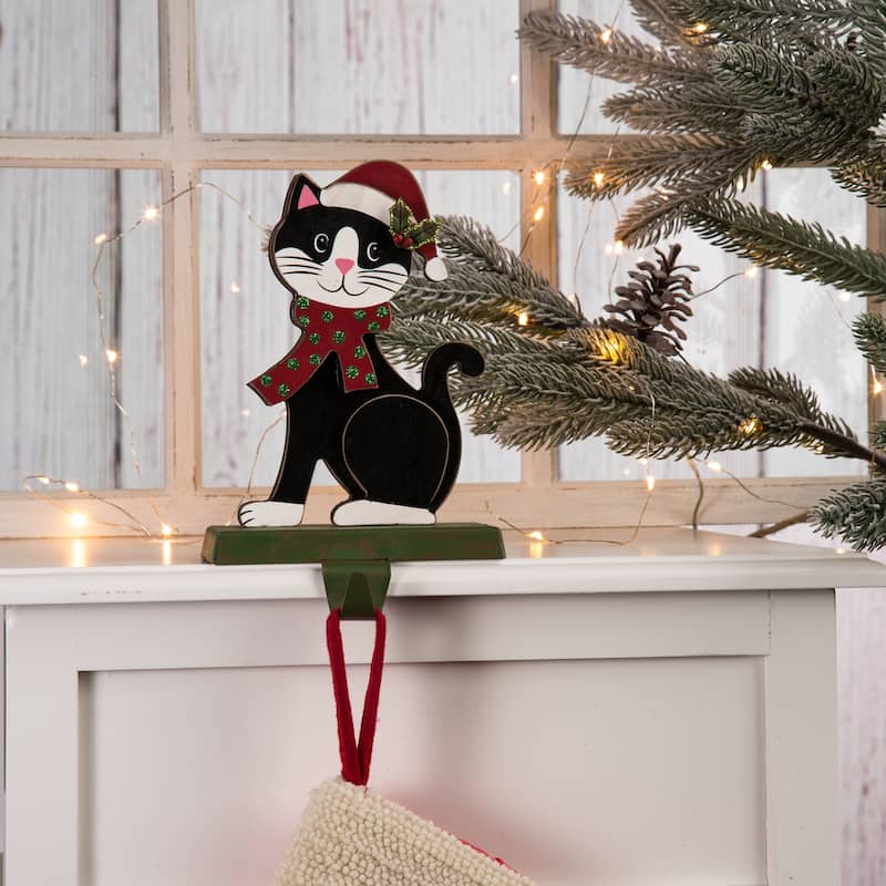 Glitzhome 7.75" H Christmas Wooden/Metal Animal Stocking Holder, Dog, Cat for Mantel Ornament - 7.50"h