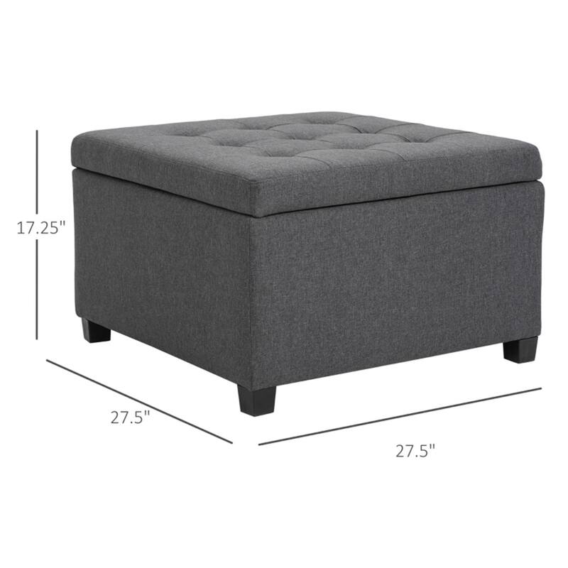 Button-Tufted Storage Ottoman with Flip-Top Seat and Linen-Texture Cushion Wood Frame