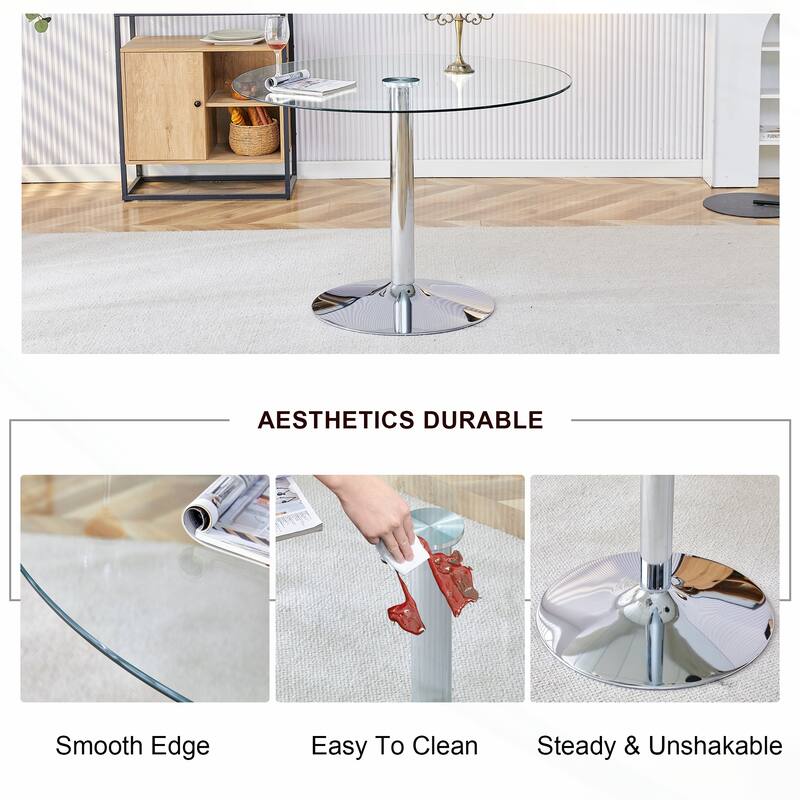 Modern Circular Dining Table with Stylish Glass Top and Sturdy Metal Legs for Various Spaces