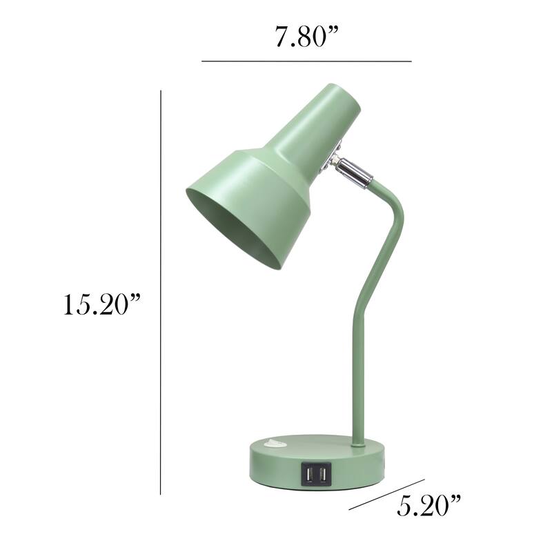 Modern Metal Gooseneck Desk Lamp with Dual USB Charging Ports Adjustable Arm Multiple Colors - 7.8" (L) x 5.2" (W) x 15.2" (H)