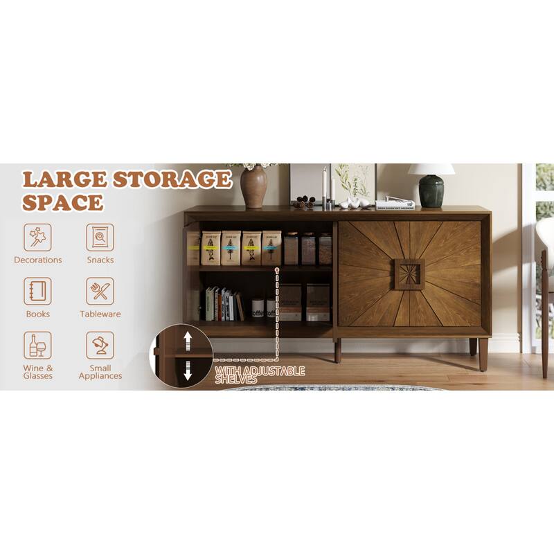 Roomfitters 60" Premium Farmhouse Credenza, Symmetrical Sunburst Door Design TV Stand with Adjustable Shelves, Antique Brown
