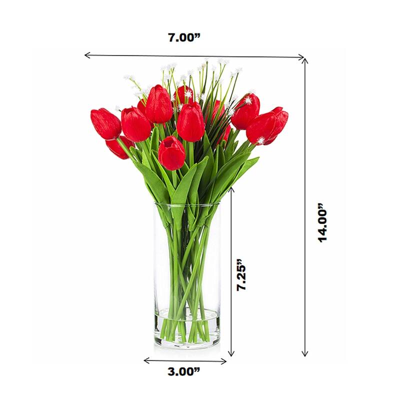 Enova Home Artificial Real Touch Tulips Flower and Star Grass in Clear Glass Vase With Faux Water For Home Office Decoration