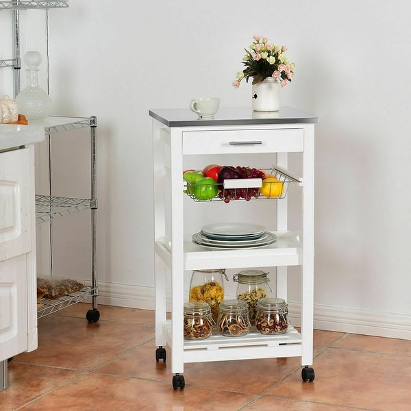 Shop Costway Rolling Kitchen Trolley Cart Steel Top Removable Tray
