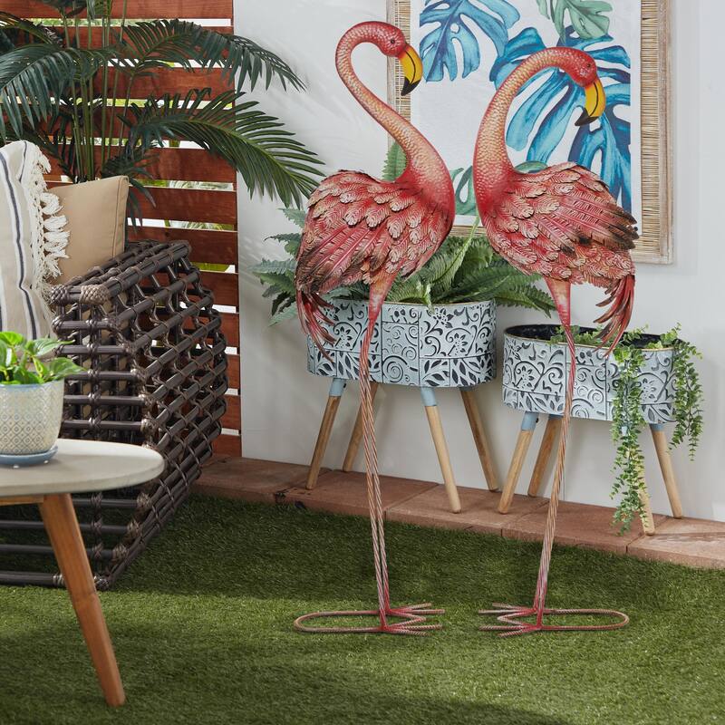 Metal Flamingo Indoor Outdoor Standing Decorative Garden Sculpture with Yellow Accents - Set of 2 Pink - Roche River Decor