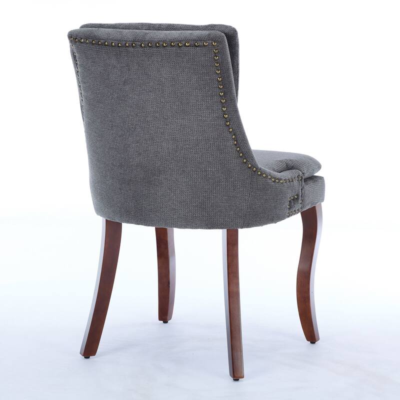 Double-layer Cushioned Dining Chairs Set of 2 Chenille Mid-Back Chair with Nailhead Trim Side Chair with Bent Wood Legs