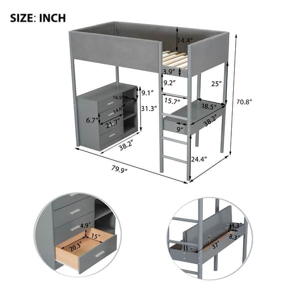 dimension image slide 5 of 6, Kids Loft Bed Elegance Teddy Fleece Loft Bed with Full Length Guardrail, Storage Shelf, 4 Drawers, and Convertible Desk
