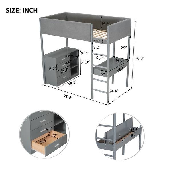 dimension image slide 2 of 6, Teddy Fleece Loft Bed with Foldable Study Table, 4 Storage Drawers and Shelves Wood High LoftBed Frame for Bedroom