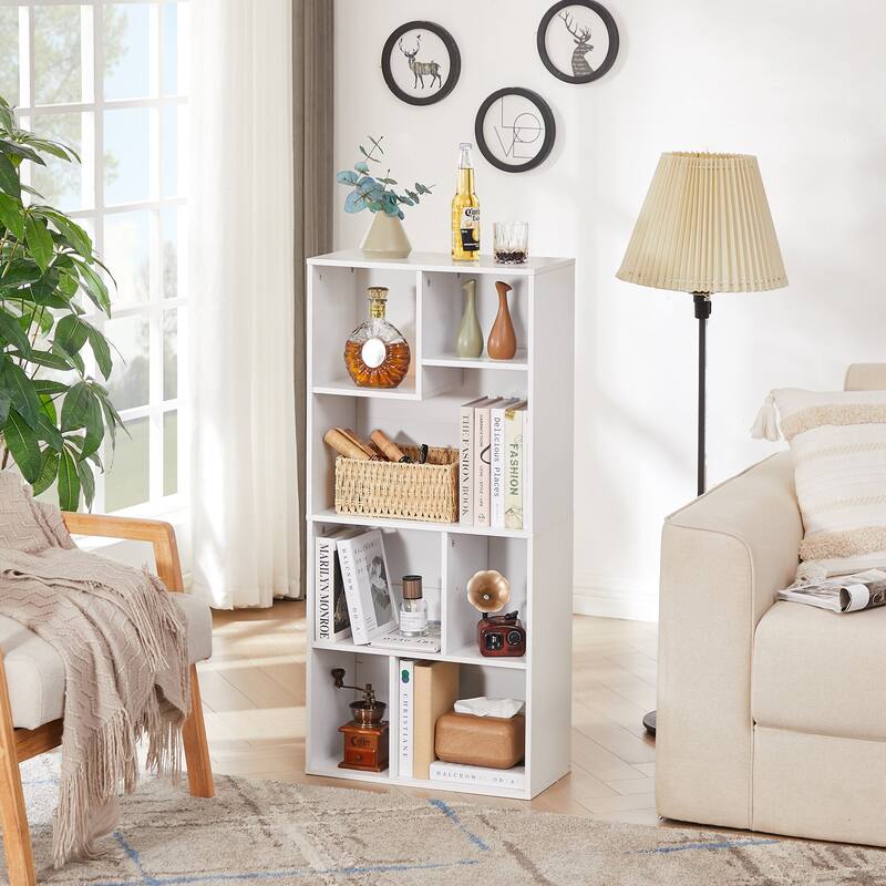 VECELO Widened Version Bookcase(Set of 2), 4-Tier Seven Open Cube Wooden Bookcase Organizer, Bookshelf / Book Storage