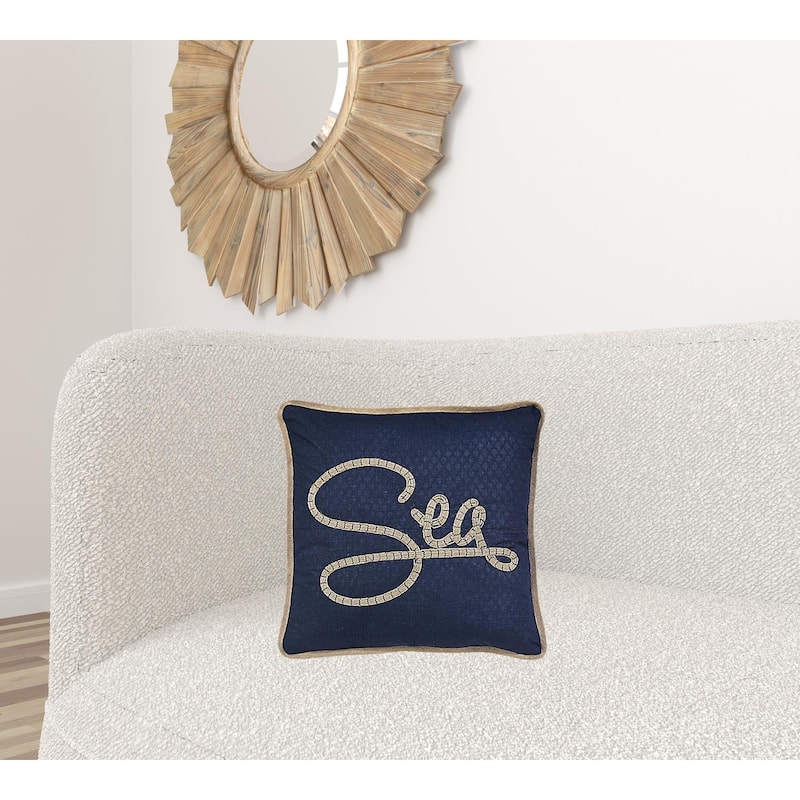 HomeRoots 17" X 17" Navy Blue And Brown Text Zippered Polyester And Burlap Blend Throw Pillow With Embroidery