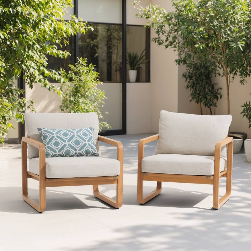 2-Piece Outdoor Chair Set with Thick Cushions in Acacia Wood - Beige & Natural