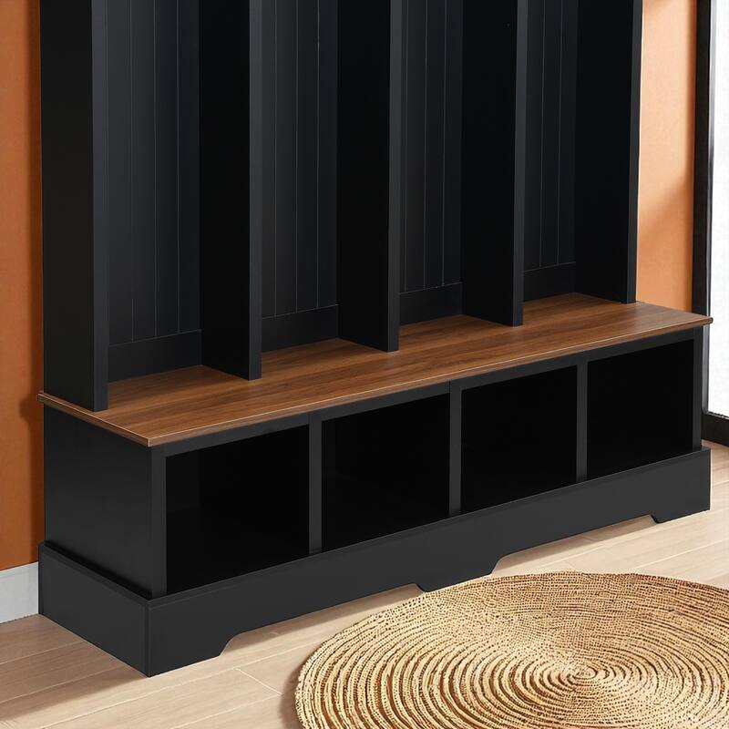Farmhouse 59 in Hall Tree with 8 Hooks, Bench with Open Cubbies, 76.7 in H Entryway Coat & Shoe Organizer