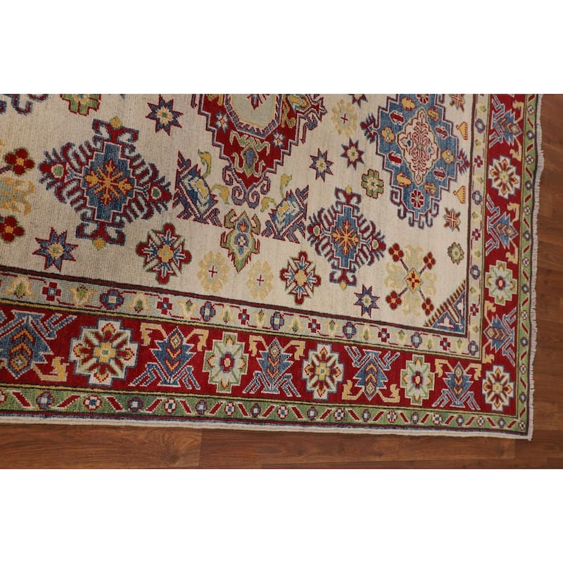 Beige Geometric Kazak Oriental Area Rug Hand-Knotted Wool Carpet - 5'1" x 6'6"