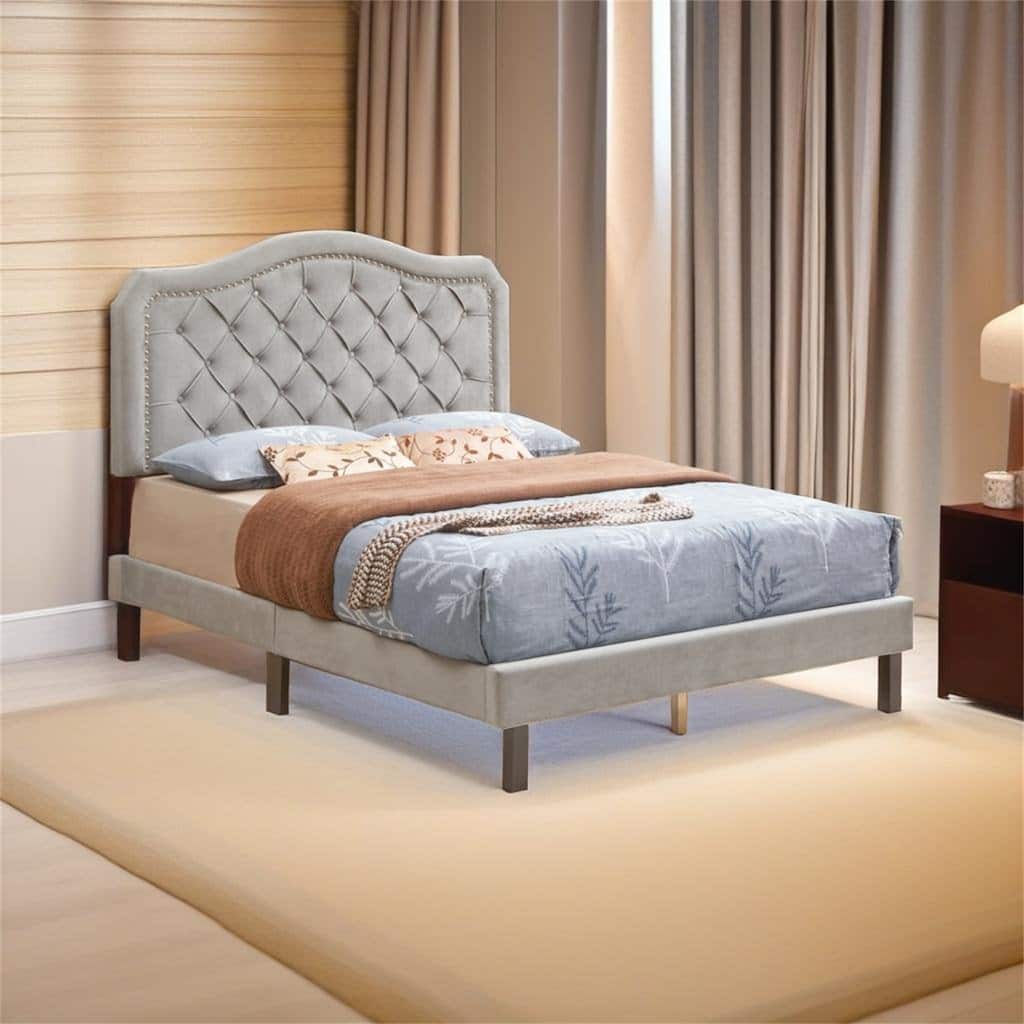 Upholstered Bed Button Tufted with Curve Design