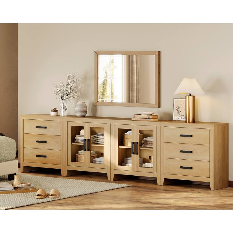 WAMPAT Farmhouse Buffet Cabinet with Glass Doors and Drawers, 4-Piece Modular Sideboard