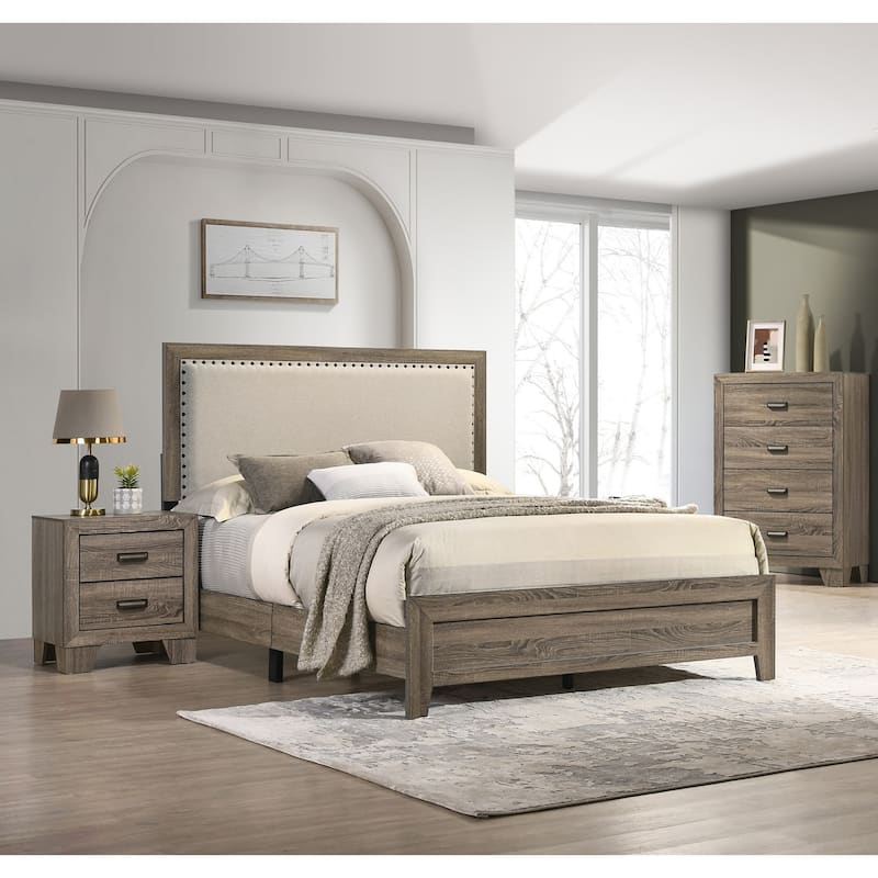 Grey Finish Fabric Upholstered Headboard Tufted Nailhead Trim 1pc Queen Size Panel Bed Beautiful Wooden Bedroom Furniture