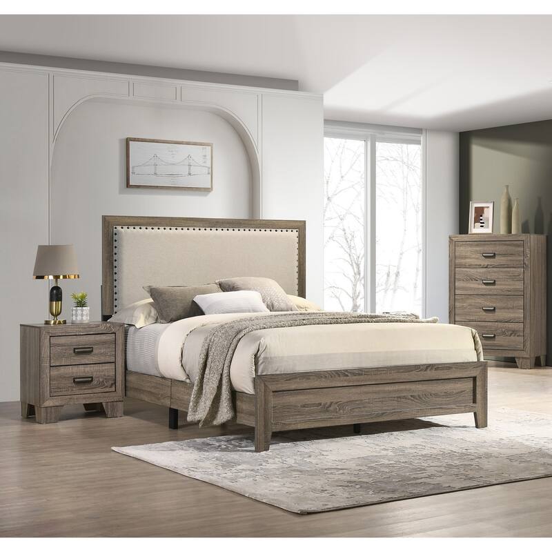 Queen Size Upholstered Headboard Panel Bed with Tufted Nailhead Trim, Grey Finish
