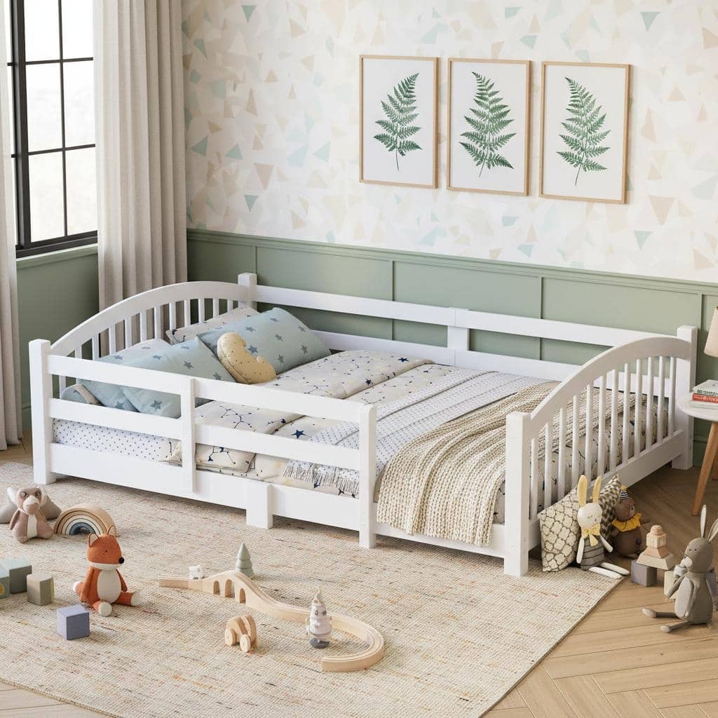 Montessori Solid Pine Floor Bed with Full-Length Safety Fence & Slatted Base by Harper&Bright Designs