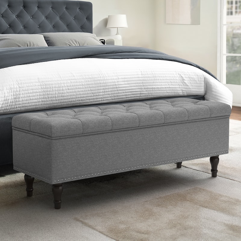Tufted Storage Bench, Upholstered Ottoman with Storage - 50.8" W X 17.1" D X 18.3" H - Light Grey