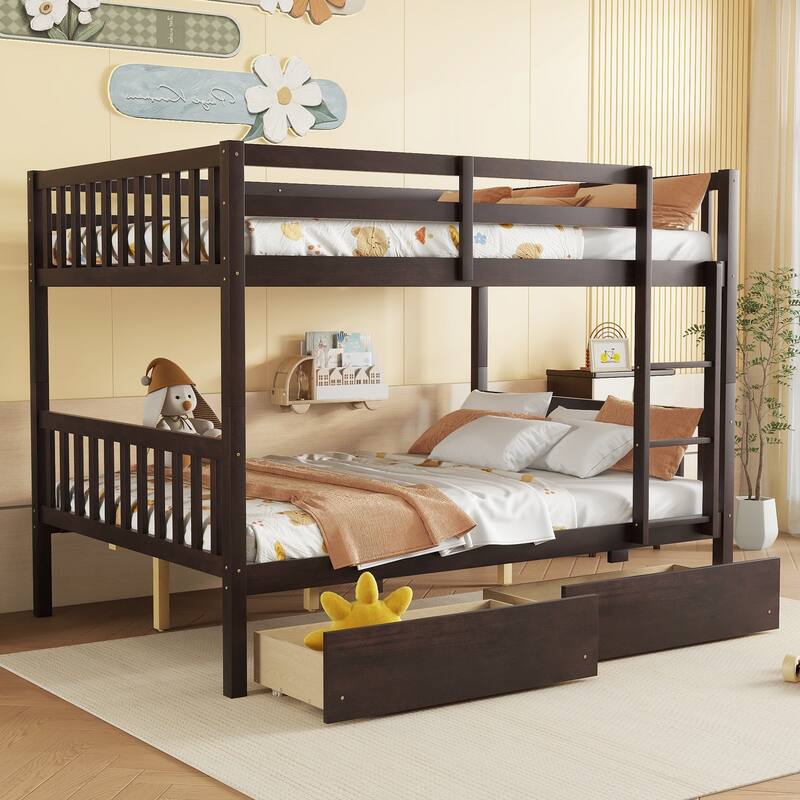 Full Over full Rubber Wood Bunk Bed with 2 Drawers, into 2 full Beds, full Size Bunk Bed with Ladder and Safety Guardrails