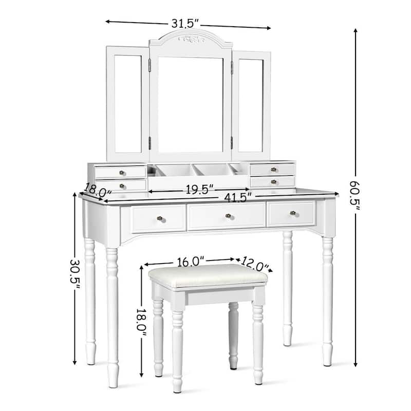 Gymax 7 Drawers Vanity Set Dressing Table w/ Tri-Folding Mirror White
