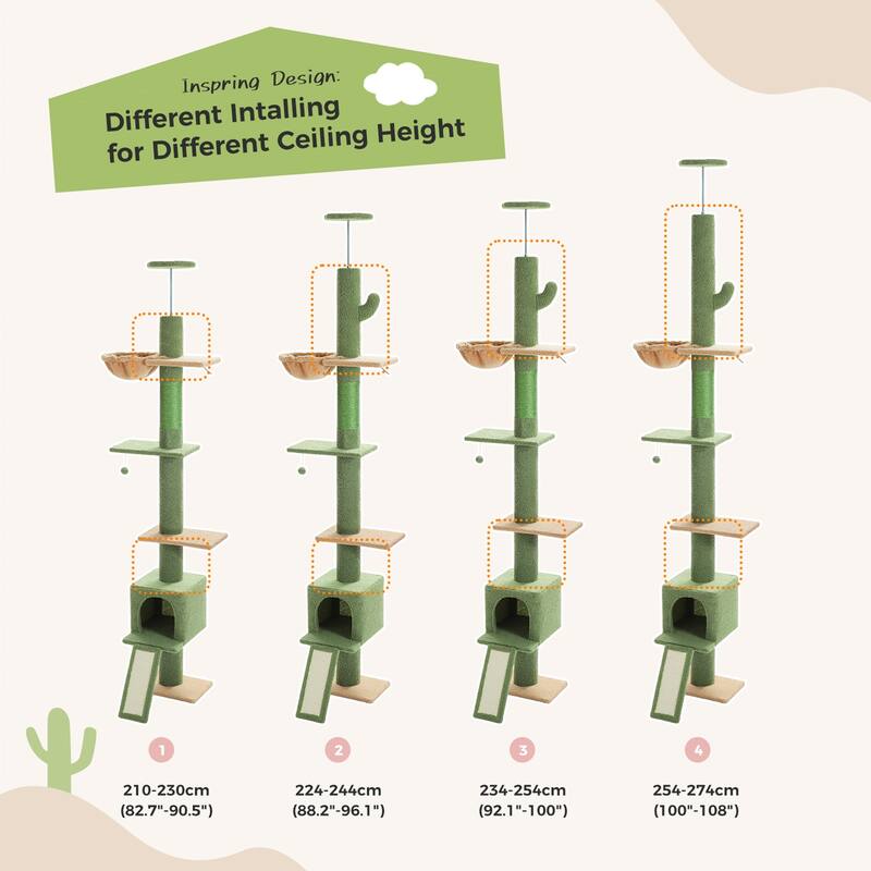 Adjustable Height Floor to Ceiling 5-Tier Tall Cat Tree Tower for Indoor Cats with Cat Condo, Cat Scratching Post and Cat Ladder