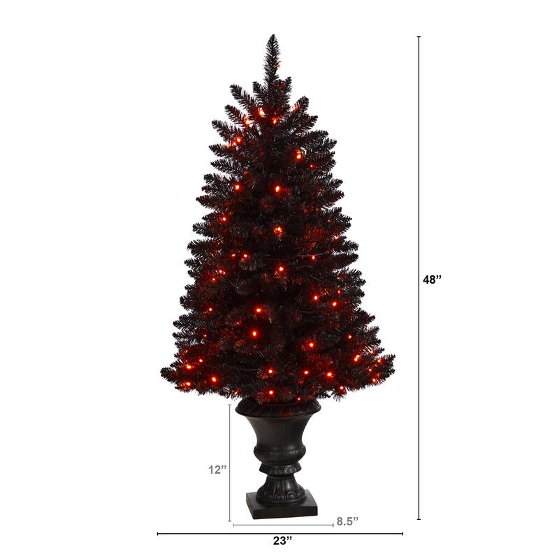 4' Black Halloween Tree in Urn with 100 Orange LED Lights - 48