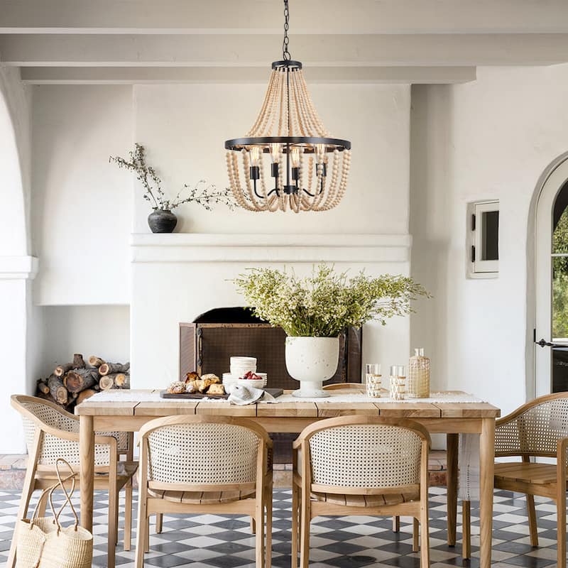 Farmhouse Beaded Chandelier Wood Chandelier Wood Bead Chandelier - 4-Light
