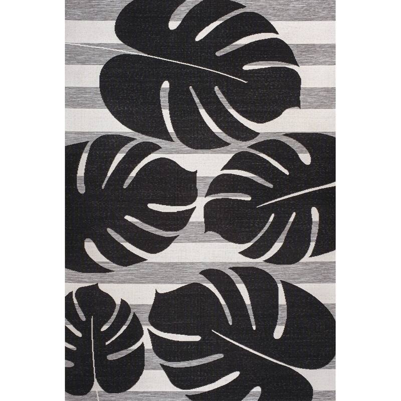 JONATHAN Y Allison Classic Beach Stripe and Monstera Leaf Indoor/Outdoor Area Rug