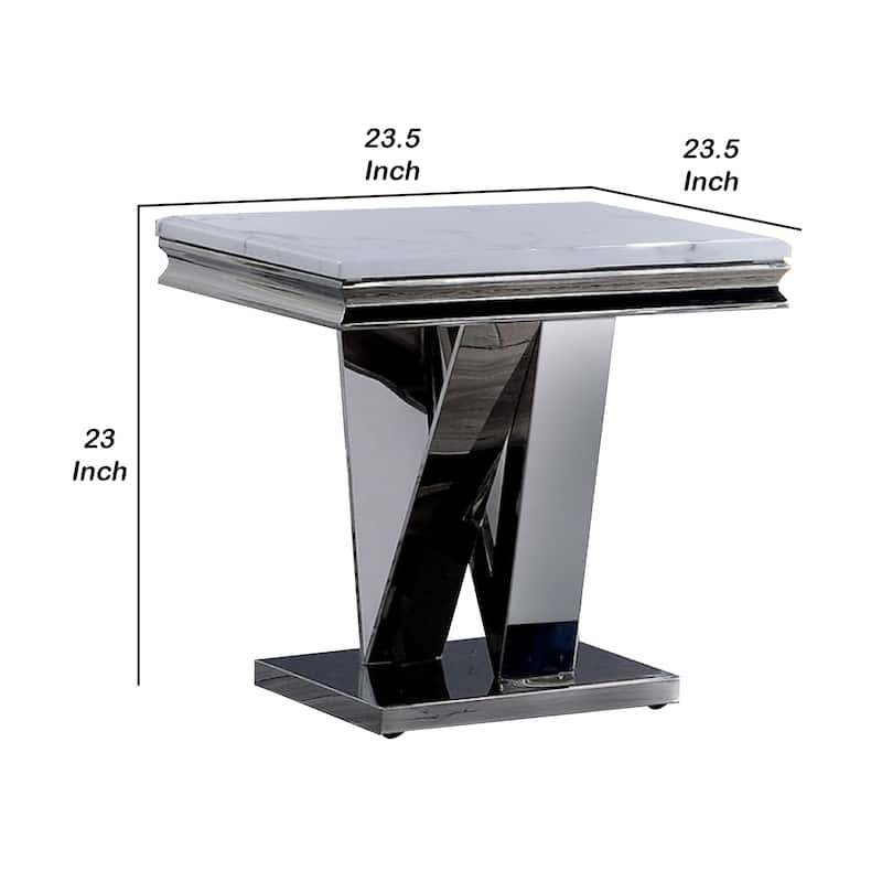 Vily Side End Table, 24 Inch Faux Marble Top, V-Style Chrome Pedestal