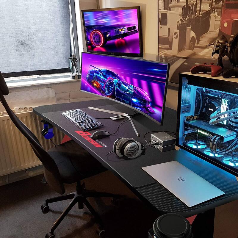 BOSSIN Ergonomic Gaming Desk Z-Shaped Office PC Computer Desk Gamer Tables with Cup Holder and Headphone Hook