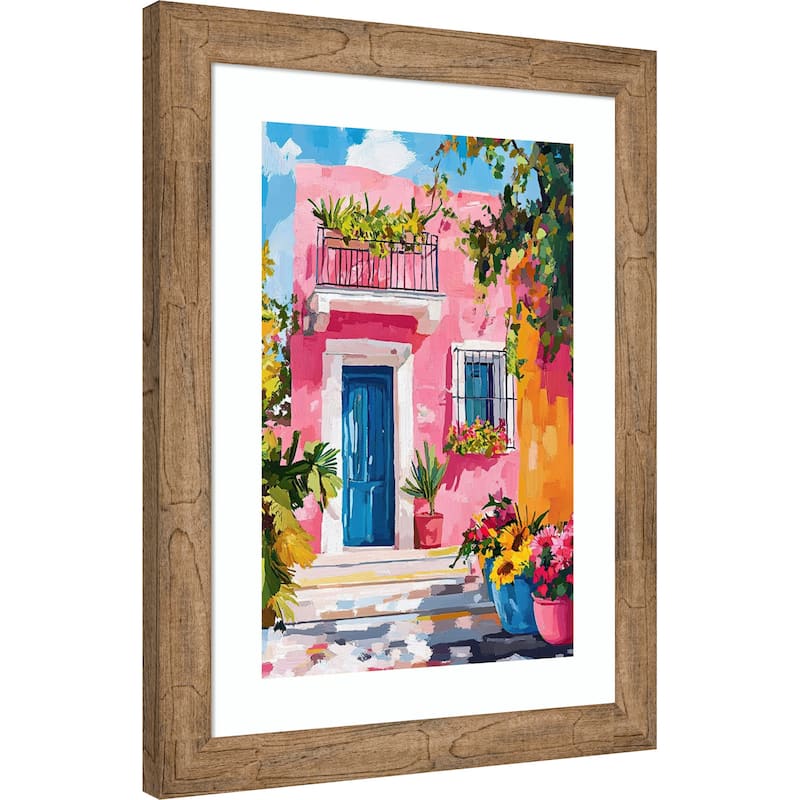Colorful Mediterranean House Pink Flowers Blue Wood Framed Wall Art Print