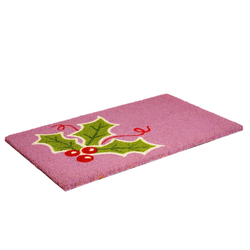 HomeRoots 17" X 29" Pink Green And Red Christmas Outdoor Coir Door Mat - 17.00' X '29.00